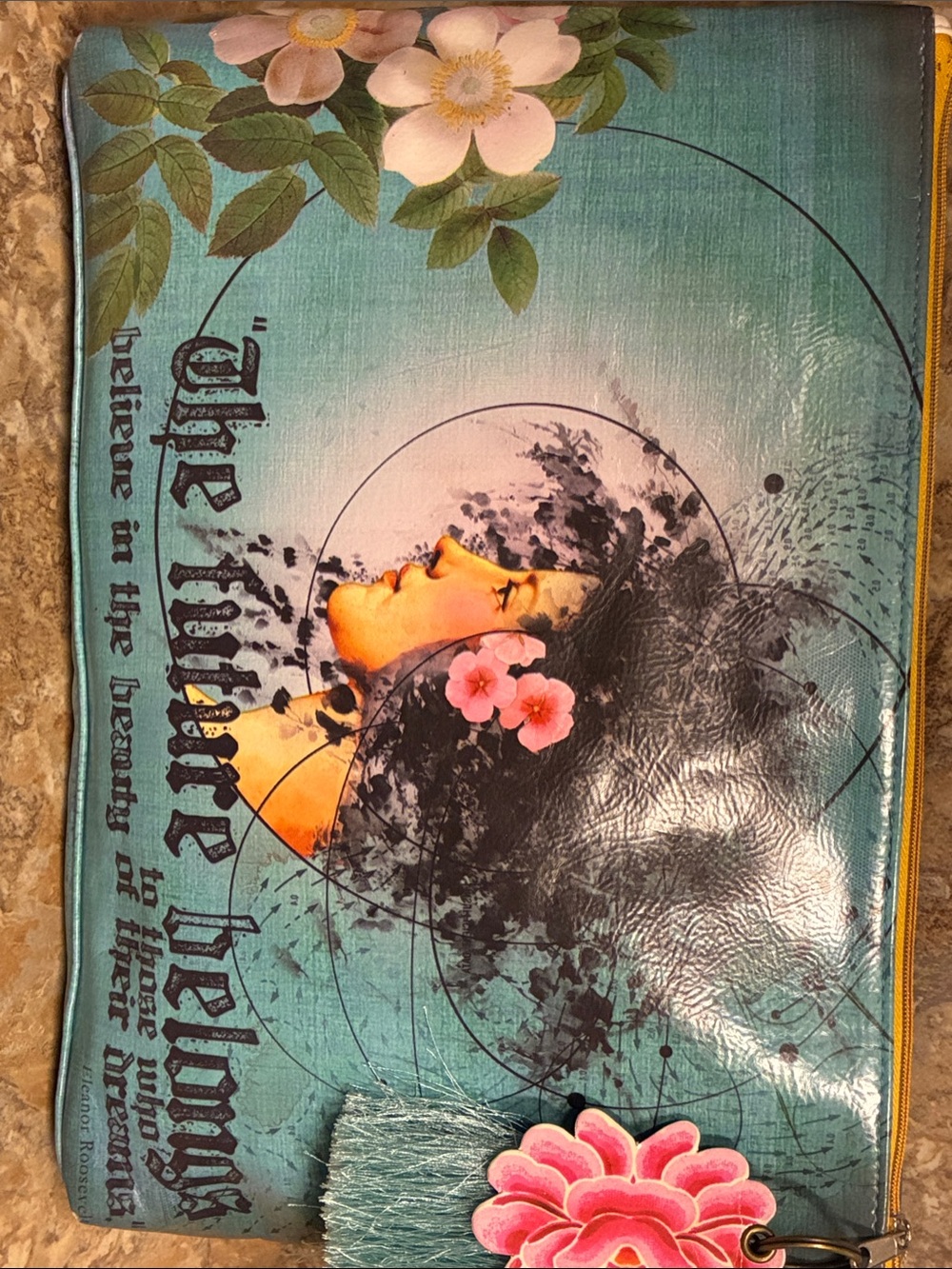 Papaya Teal Floral Graphic Clutch with Pink Accents